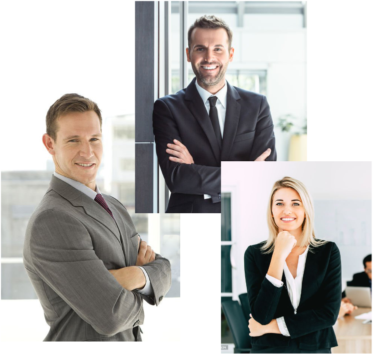 3 stock images of stiff suit wearing business people, all white, attractive in a white and grey environment