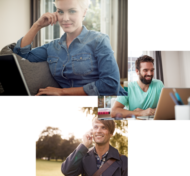 3 images of young, happy people at home and outside, sunny light and smiles