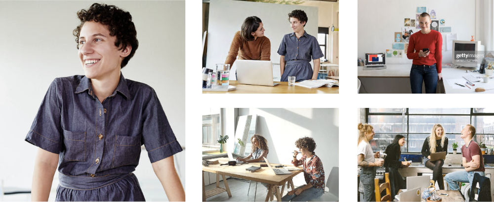 A collage of bright and breezy surroundings with various younger people, happily working together.
