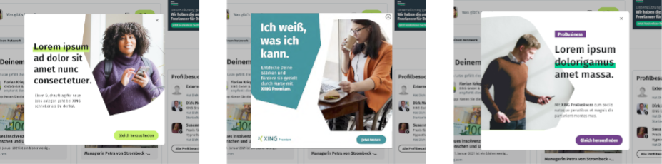 3 example layouts of XING corporate design around 2020. White backgrounds with fresh green text fonds and photos.