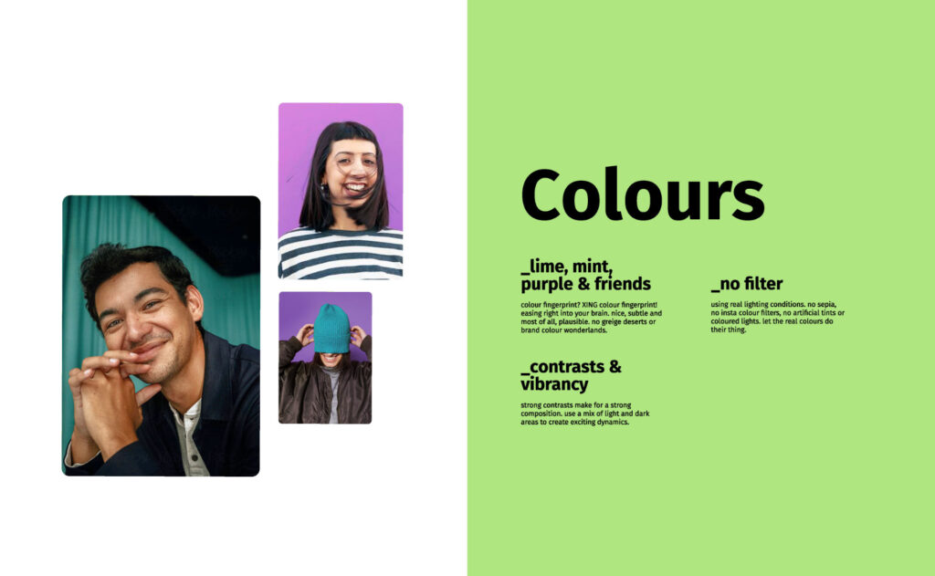 Another collage, text reads: “lime, mint,  purple & friends, colour fingerprint? XING colour fingerprint! easing right into your brain. nice, subtle and most of all, plausible. no greige deserts or brand colour wonderlands. no filter, using real lighting conditions. no sepia, no insta colour filters, no artificial tints or coloured lights. let the real colours do their thing. contrasts & vibrancy, strong contrasts make for a strong composition. use a mix of light and dark areas to create exciting dynamics.”