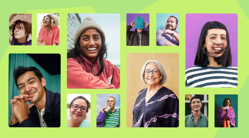 Collage of various portraits of very diverse happy and confident people set on a lime background