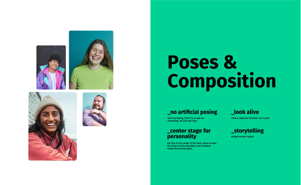 Collage plus text: “no artificial posing, don’t be boring. don’t try to sell me something. let’s be real here. look alive, show a captured moment, not a pose. center stage for personality, the face at the center of the story. show at least the head and the shoulders, also whatever makes the portrait great. Storytelling, evoke! emote! Inspire!