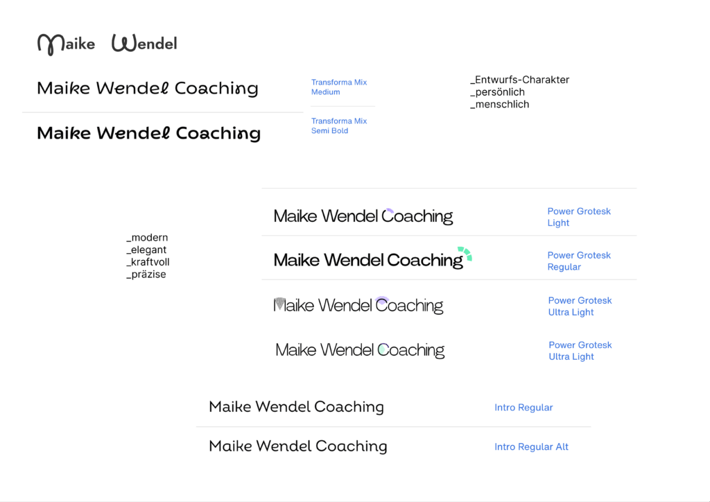 Various skribbles of logo designs for Maike Wendel Coaching with font annotations.
