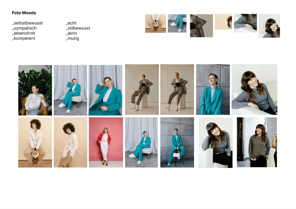 A moodboard for a photographic language and possible crop frames. They all show confident but likeable business women laughing and smiling with smart casual and/or trendy clothes.