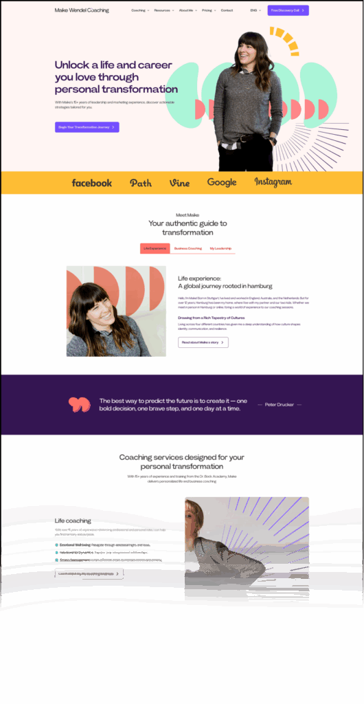 Excerpt of a first new website draft. A cutout of a cool and confident, happy woman is in a composition with various brand shapes. The subsequent photos contain brand shapes fitted into the backgrounds as well. It has a light, clean, modern, technical air with splashes of warmth and colour.