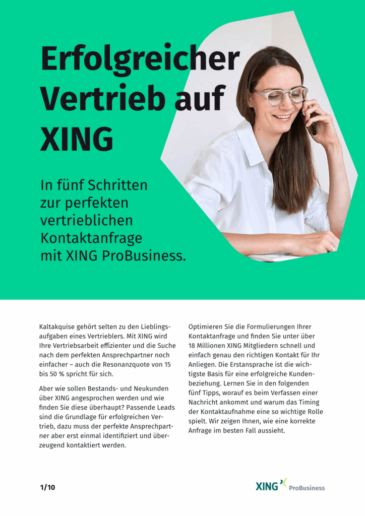 Cover of the digital whitepaper for XING ProBusiness with a mint colour intro fond and a sales woman on the phone. The design is clean and graphical with a white fond, bold icons and occasional splashes of colour.