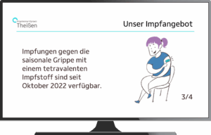 A tv set showing patient info creen with the logo, information on vaccination availability and a vaccination illustration.