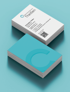 Mockup of the front and back of a business card of Christopher Theissen, General practitioner. The C of the logo is a large graphic element on the back.