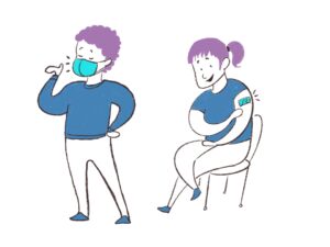 Illustrations in brand colours of a person proudly wearing a face mask and a person sitting on a chair showing off the bandaid on their arm from being vaccinated.