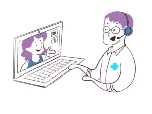 Illustration in brand colours of a doctor having a video call with a patient.