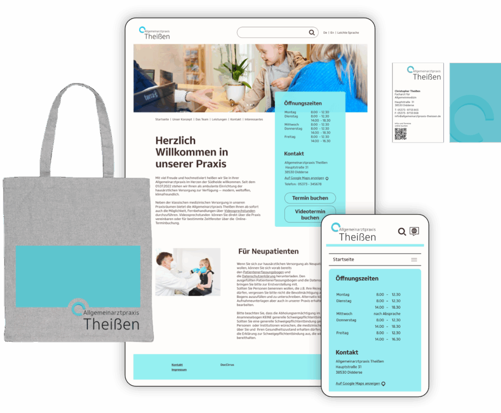 An assortment of brand touchpoints for the doctor, including website, business card and a branded tote bag.