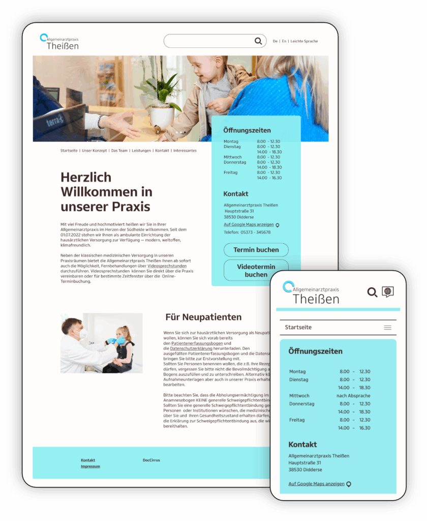 Desktop and mobile view of the website. The mobile view has no mood photo in order to put focus on relevant information such as opening times and contact.