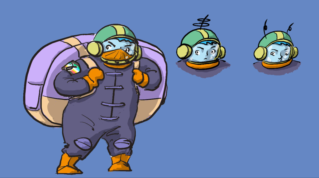 A nonbinary portly astronaut in an overall and a helmet with a face mask. They’re carrying a massive backpack far exceeding their frame and a little disability pride flag patch on their sleeve. Two variations of their face.