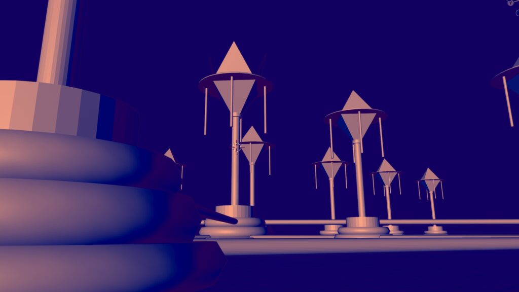A colour toned 3D model of a space port consisting of various launch poles with pyramids on top.
