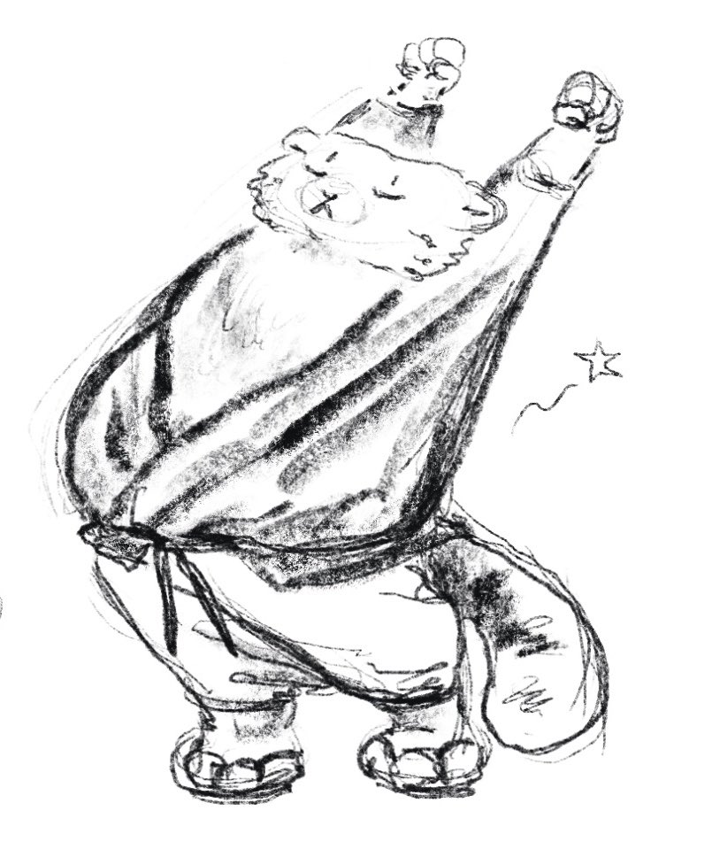 Rough cartoony pencil sketch of a bipedal pallas cat monk stretching it’s aching back.