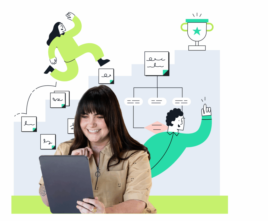 A body positive young woman smilling at her tablet, behind her an illustration of a woman rushing up career steps and a person pointing at a planning session from behind her back.
