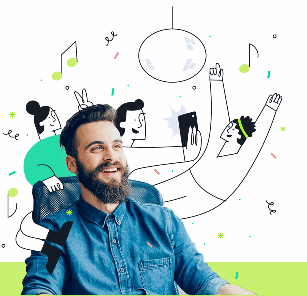 A laughing man leaning back in his office chair, from behind him illustrated people partying, dancing and taking a selfie with him, various notes and a disco ball around them.