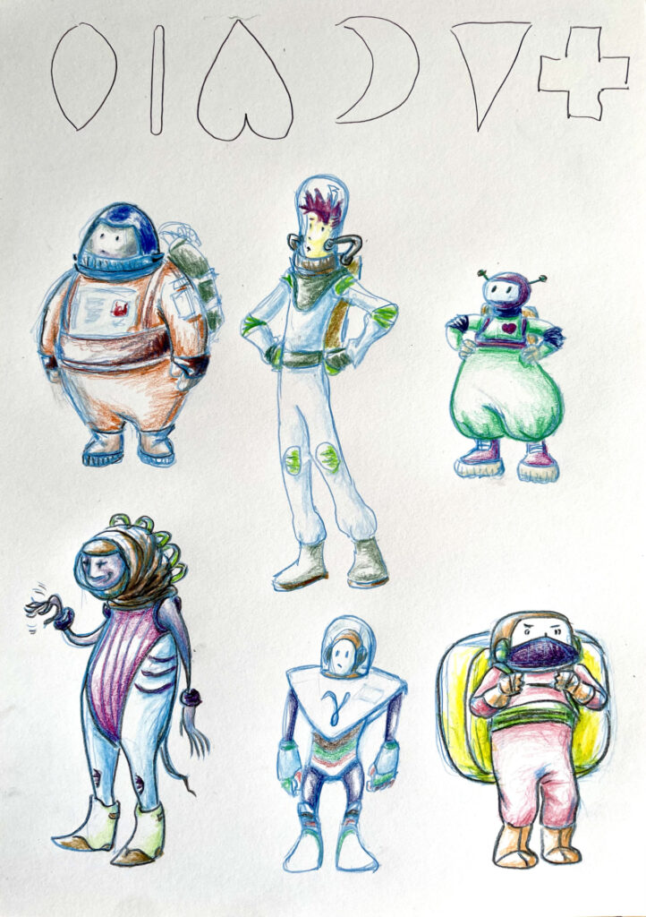 Quirky crayon sketches of various astronaut types. Their silhouettes all allude to very simple shapes such as heart, Stick, crescent, cross of triangle.