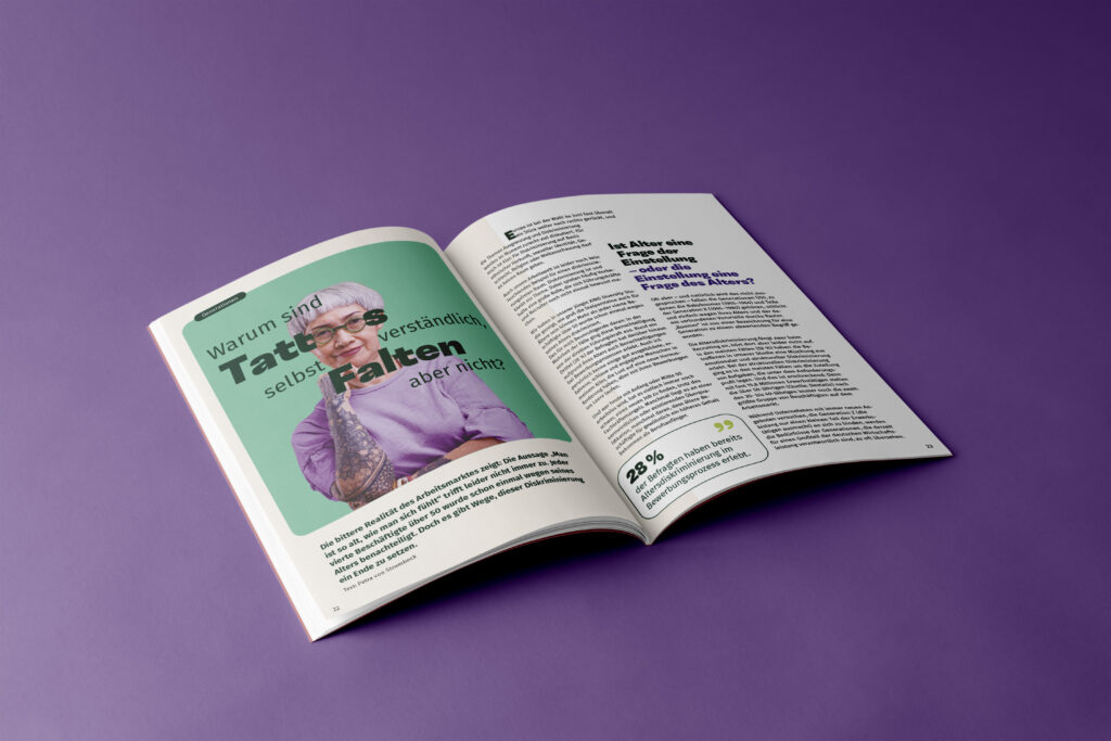 A double page spread about age in hiring. A trendy looking middle aged lady with tattoos is the key visual.