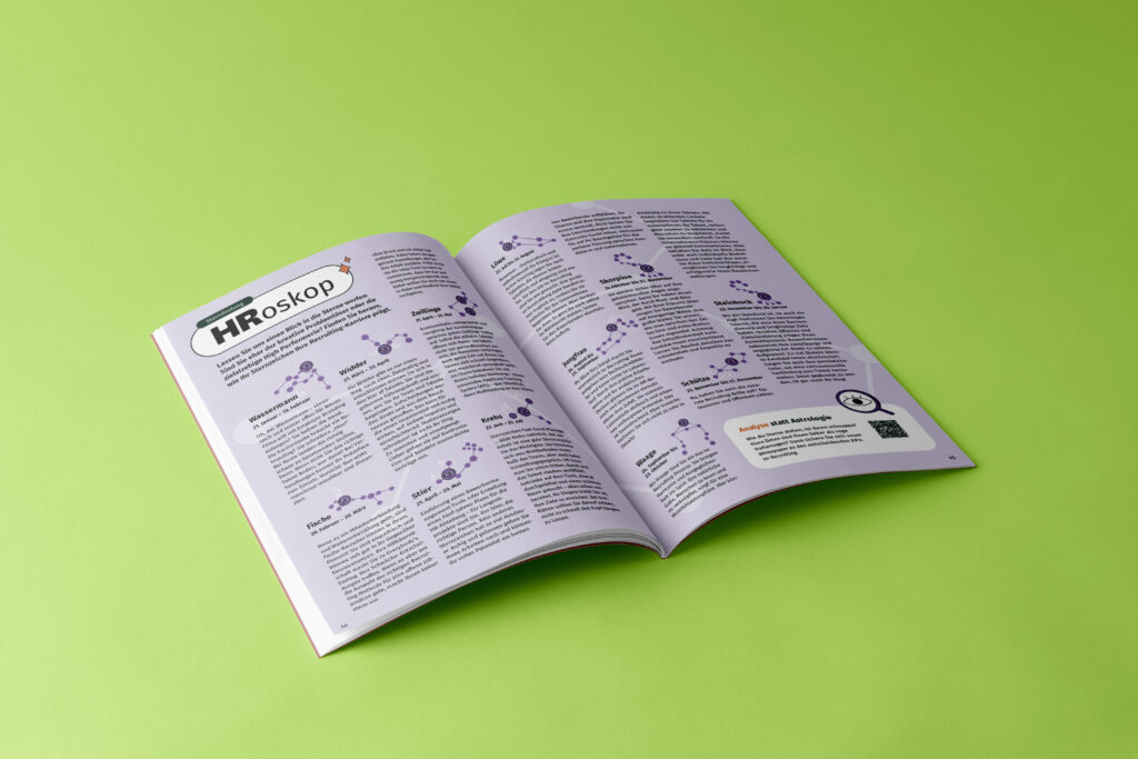 A double page spread on an HR Horoscope with small star sign illustrations.