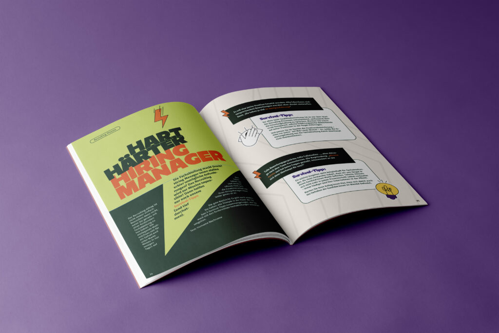 A double page spread with a martial looking headline graphic: Hard, harder, hiring manager.