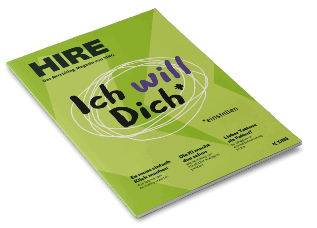 Cover of the print magazine “Hire” in XING greens with the headline “I want you (in my team)”