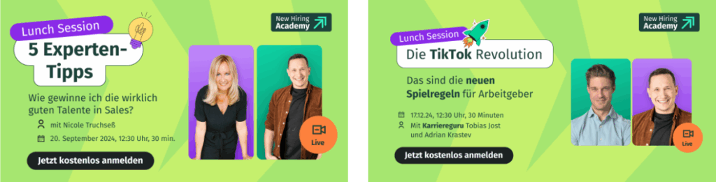 Two LinkedIn banners promoting acquisition events to raise awareness. They use bright colours and graphics as well as photos of the speakers to grab attention.