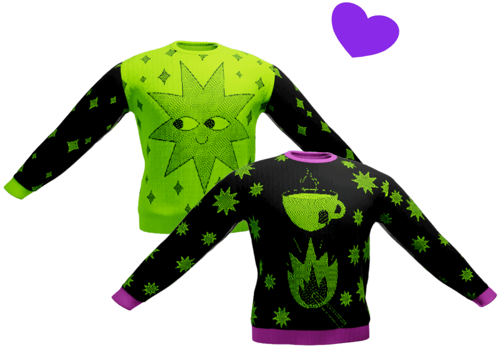 Two ugly christmas sweaters with black and bright XING colours and illustrations. A heart shape next to them.