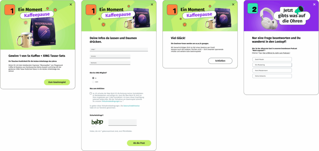 Several modals that allow you to sign up for a prize draw or to get more information material. The head graphic corresponding to the calendar door content.