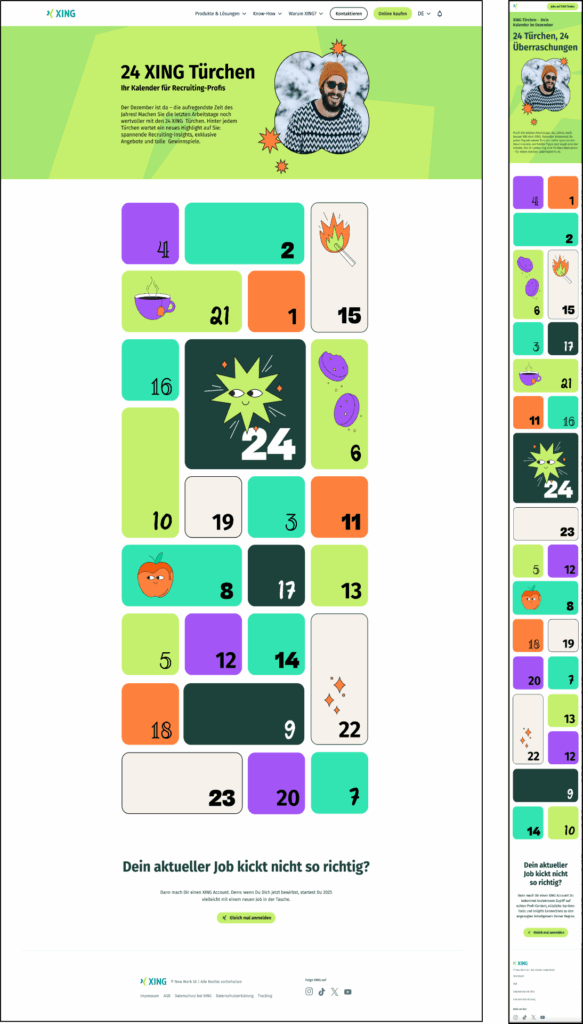 A desktop and a mobile version of the XING seasonal calendar website. They contain 24 clickable, brightly coloured doors with seasonal icons and a variety of fonts.