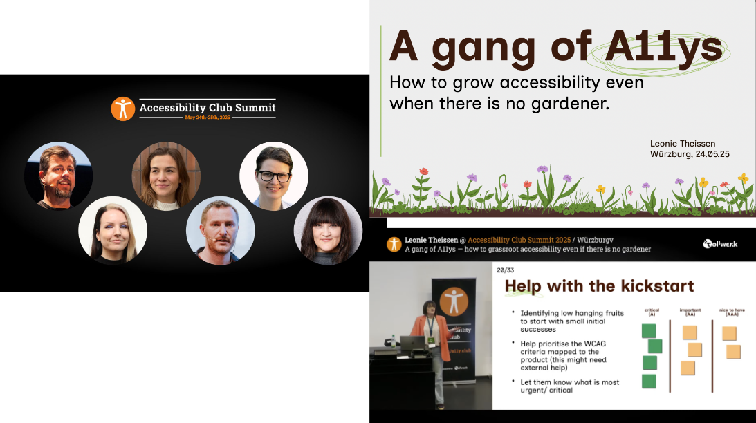 An official graphic by the Accessibility Club Summit 2025 promoting 6 speakers, one of which being me. Next to the cover of my slide deck and a screenshot of the stream showing me talking and a slide of my presentation next to me.