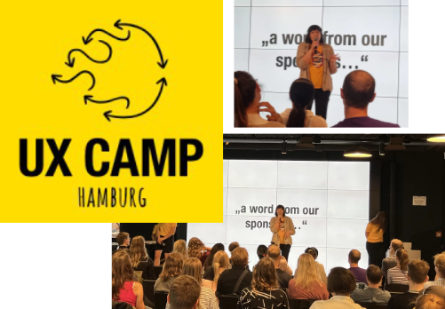 The UX Camp Hamburg logo and two photos of me saying “a few words from our sponsor”.
