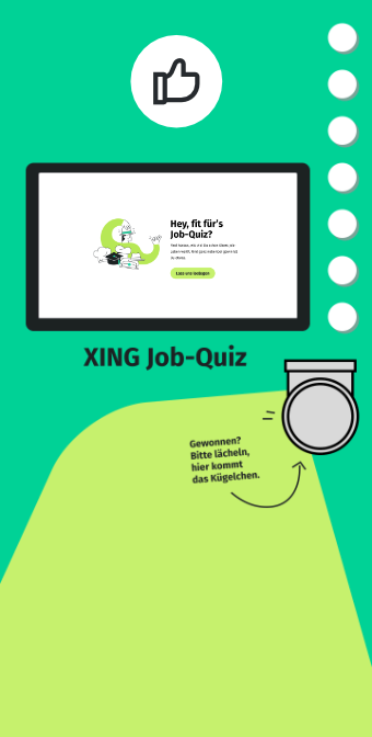 Front design of a retro-looking arcade style console cabinet in XING greens and a touch display in the upper half. Light bulbs run down to a latch from which you can collect a ball that tells you if you have won a prize.