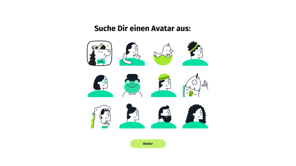 Choose your avatar screen. Various cute illustrated avatars. A smug looking unicorn is highlighted.