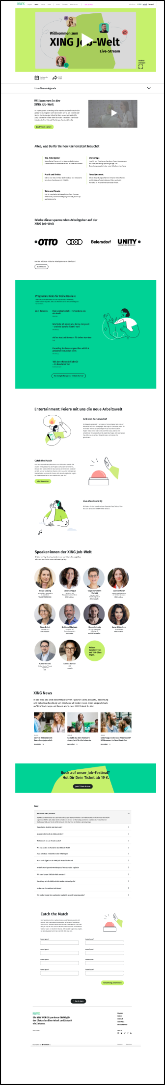 The website promoting the XING Job World event, including the agenda points and the featured speakers, with an application form to become a game show participant on the event. It is very bright with a highlights in vibrant XING colours.