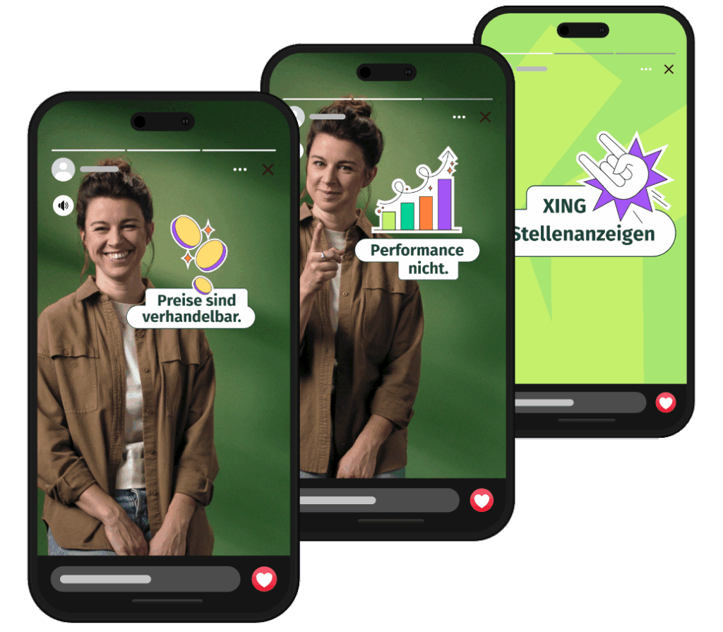 Version A of a B2B campaign displayed as an Insta Reel. A smiling woman with the slogans: “Prices are negotiable, performance isn’t. XING Job Ads.