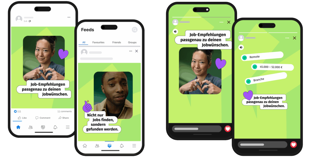 Various social media ads of young XING testimonials highlighting how to find exactly the right job.