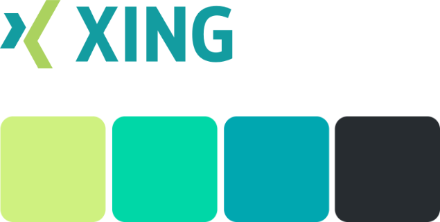 The XING Logo and the primary colour palette of 3 green tones and a greenish black.
