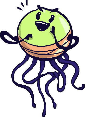 A lime coloured ball shaped creature with a feisty laughing face, floating with eight black tentacles with two of them serving as arms