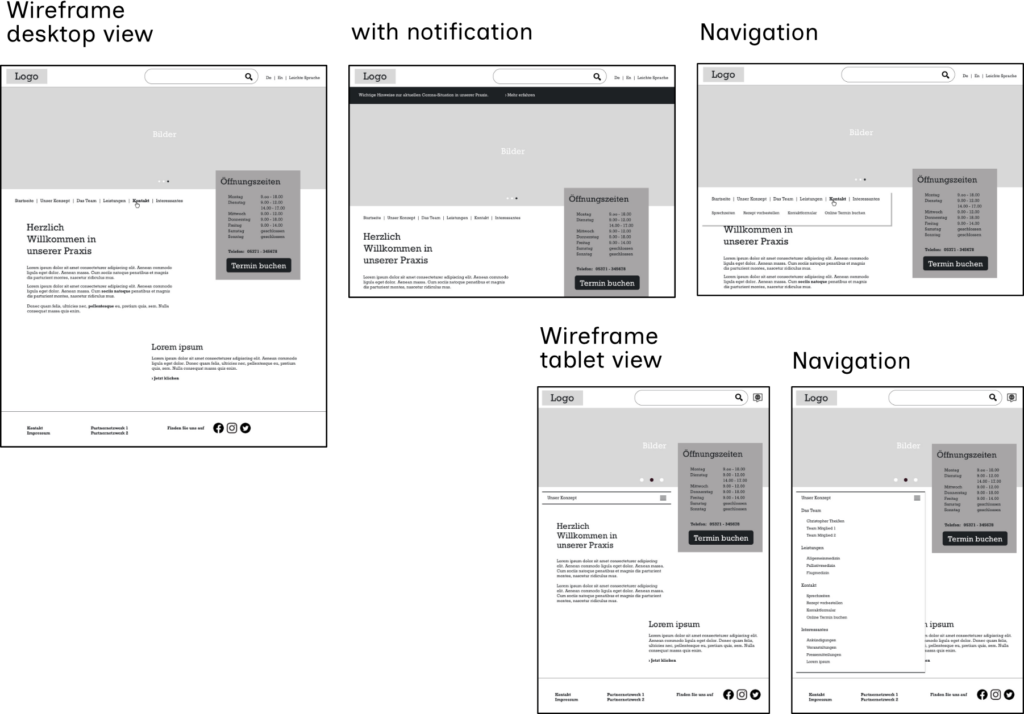 Desktop wireframes of the website with various stages and functions, and a tablet view below.
