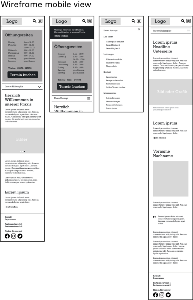 Mobile wireframe of the website with various stages and functions.
